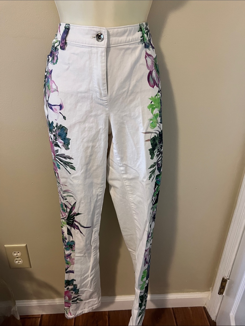 W by Worth White Straight-Leg Pants with Purple & Green Floral Side Panels